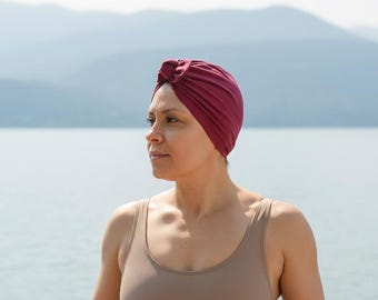 Burgundy Swim Turban Quick-Dry Bow Cap for Pool, Beach & Spa