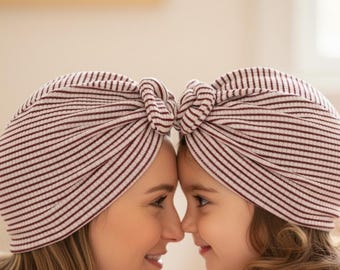mother daughter turban set = burgundy and white elastic knit