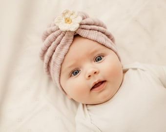 Pink Tricot Baby Turban – Crochet Daisy –  Handmade in Spain