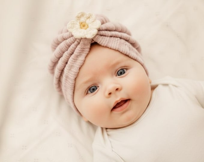 Featured listing image: Pink Tricot Baby Turban – Crochet Daisy –  Handmade in Spain