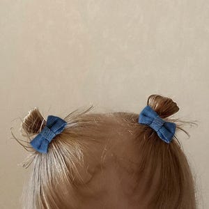 Può includere: Due piccoli fiocchi blu in denim sono attaccati a capelli biondi acconciati in due piccoli chignon. I fiocchi sono centrati sugli chignon e i capelli sono leggermente sfocati su uno sfondo neutro.