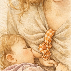 May include: Watercolor illustration of a mother breastfeeding her baby. The baby is nestled close, eyes closed, and wrapped in a blanket. The mother's top is secured with a gingham fabric knot. Soft, warm tones create a tender scene.
