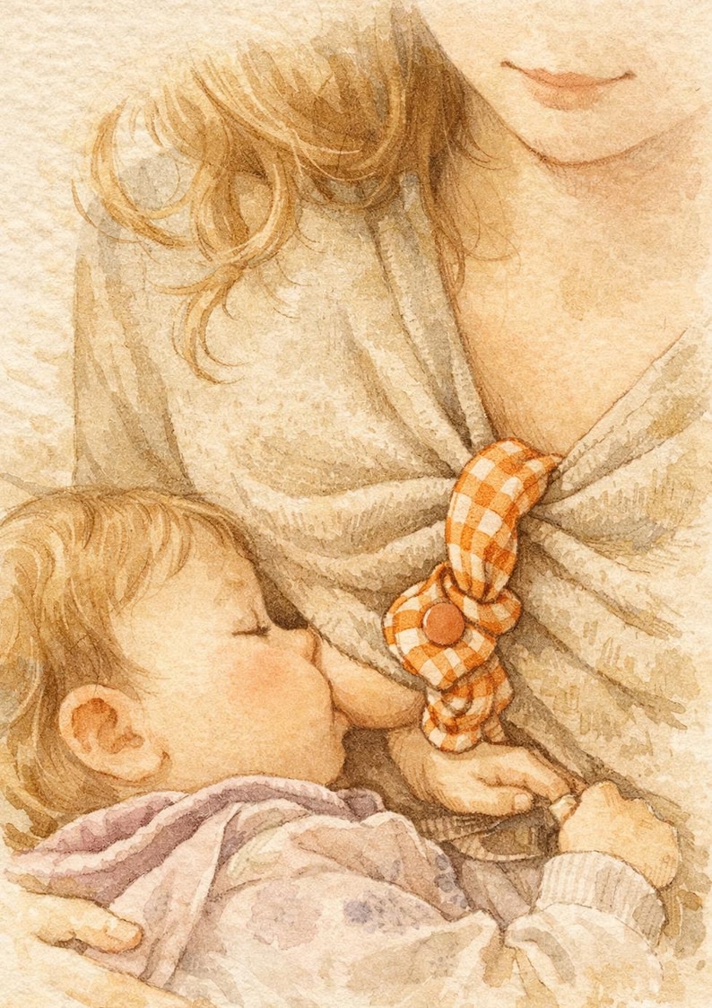 May include: Watercolor illustration of a mother breastfeeding her baby. The baby is nestled close, eyes closed, and wrapped in a blanket. The mother's top is secured with a gingham fabric knot. Soft, warm tones create a tender scene.