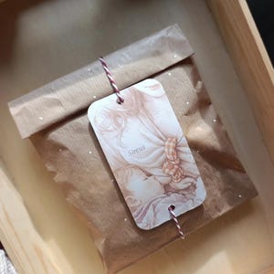 Puede incluir: Una bolsa de papel marr&oacute;n con una etiqueta sujeta con una cuerda roja y blanca. La etiqueta presenta una ilustraci&oacute;n de un beb&eacute; durmiendo y la palabra "Sircus". La bolsa est&aacute; dentro de una bandeja de madera.