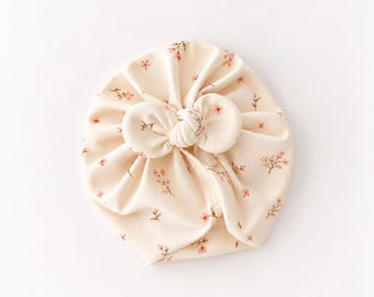 White Floral Cotton Turban with Bow – Organic Cotton Head Wrap