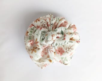 Malena Organic Cotton Turban,  Oeko-Tex Certified,  Ribbed Texture & Watercolor Floral Print, All Sizes