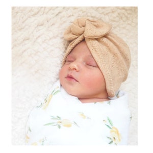 Adriana, Organic cotton, BIO, Bow Turban, New Born bow turban, turban, Bow Headband Hat, baby turban, Newborn hat, turban bébé, Brown zdjęcie 4