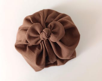 Chocolate Brown Cotton Turban with Bow, Ribbed Head Wrap