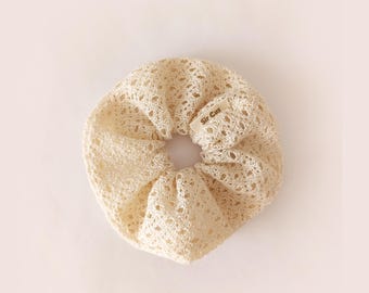 Vintage-Style Cotton Lace Scrunchy, Ivory Crochet Hair Tie, Oversized Handmade Hair Accessory,  Bridal & Cottagecore Gift Hair Accessory