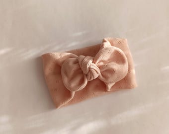 Aranxa Headband, Blush Pink Organic Cotton Headband, Baby to Adult Sizes, Eyelet Knit, Oeko-Tex Certified, Handmade in Spain