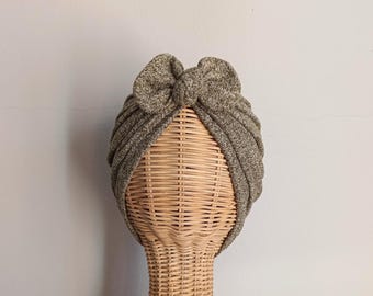 Green melange tricot turban with bow, cozy autumn headwear