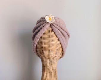 Premium Pink Tricot Baby Turban with handmade crochet Daisy - From New Born to adult -Winter Collection