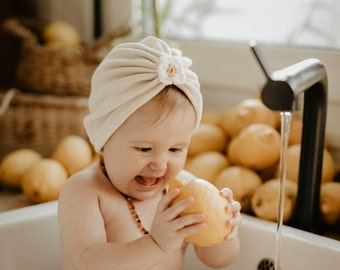 Daisy Turban , Handmade Baby Headwear , Organic Cotton Turban for Sensitive Skin , Newborn to 5 Years , Newborn to 5 Years