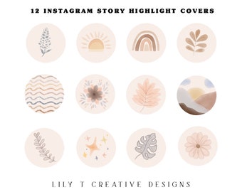 May include: Twelve Instagram story highlight covers featuring a variety of designs, including a sun, a rainbow, a leaf, a wave pattern, a flower, a mountain range, a star, a monstera leaf, and a daisy. The covers are all in a neutral colour palette of beige, brown, and grey.