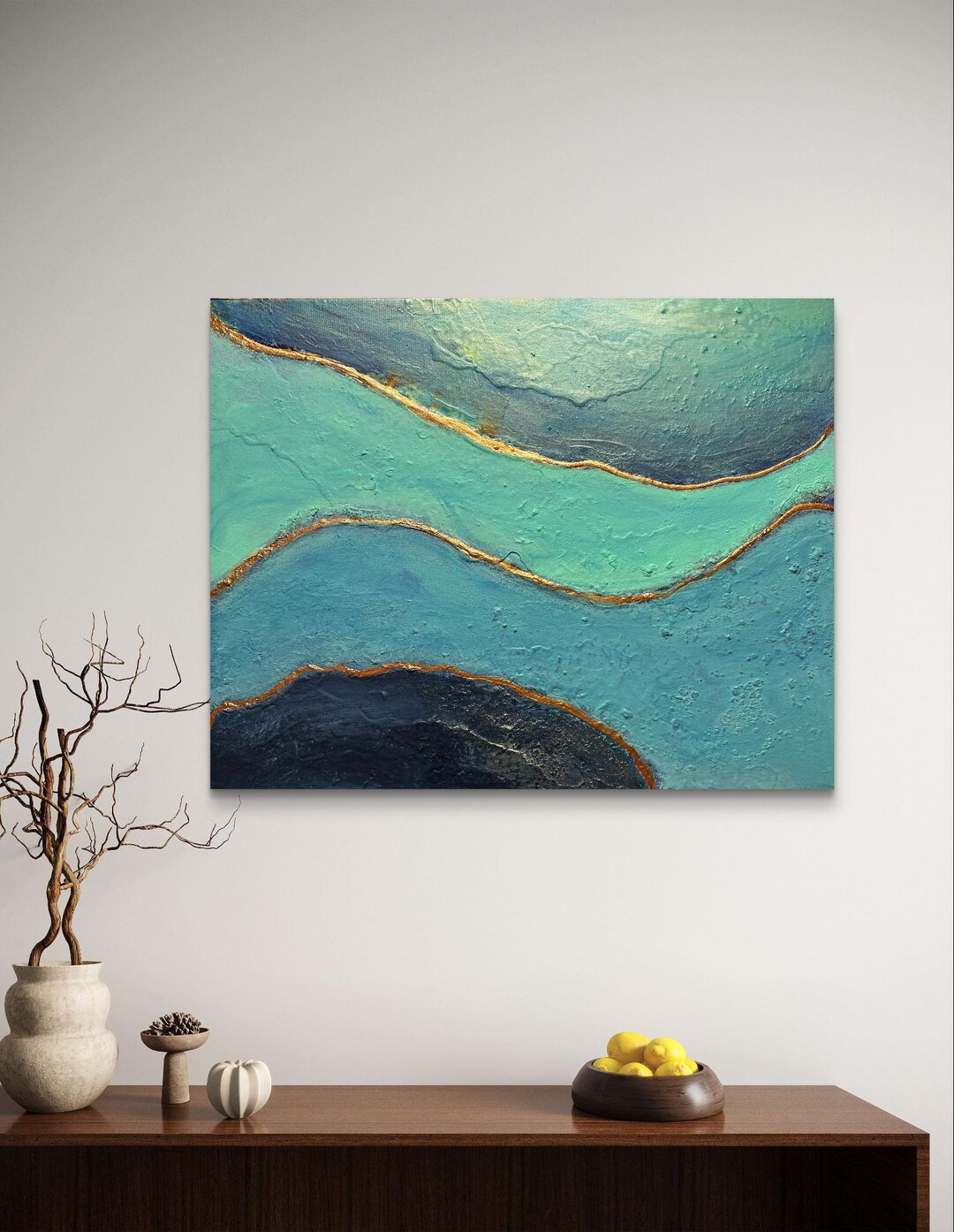 ターコイズとゴールドの抽象画 ターコイズとゴールドの抽象的な海景画：「ブルーの深み」 - Etsy 日本