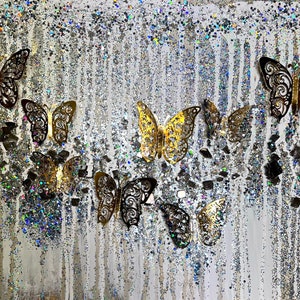white silver Glitter Butterfly Painting: Silver Metallic Glass Art (16x20)