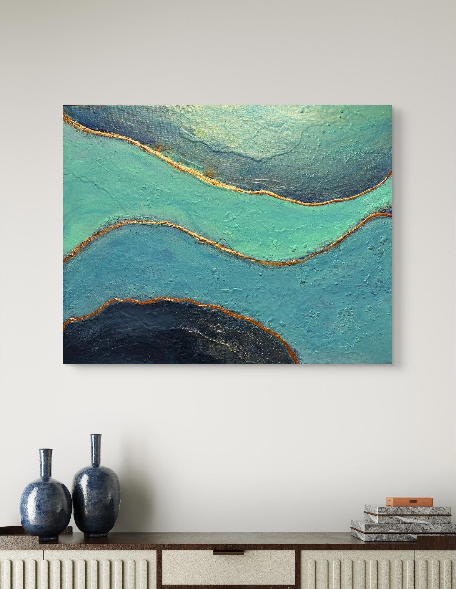 ターコイズとゴールドの抽象的な海景画：「ブルーの深み」 - Etsy 日本