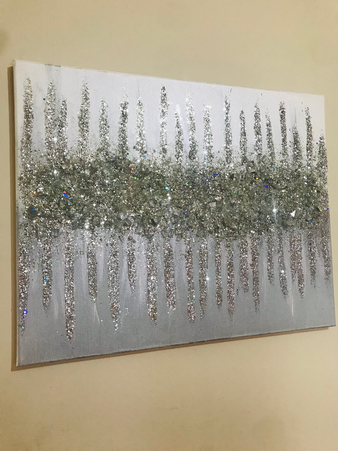 Glitter Art Silver White Metallic Painting Silver Art Glass Art Glam