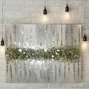 glitter painting silver metallic glass silver art glass art glam art neutral colors glitter painting wall art Z gallery art holographic