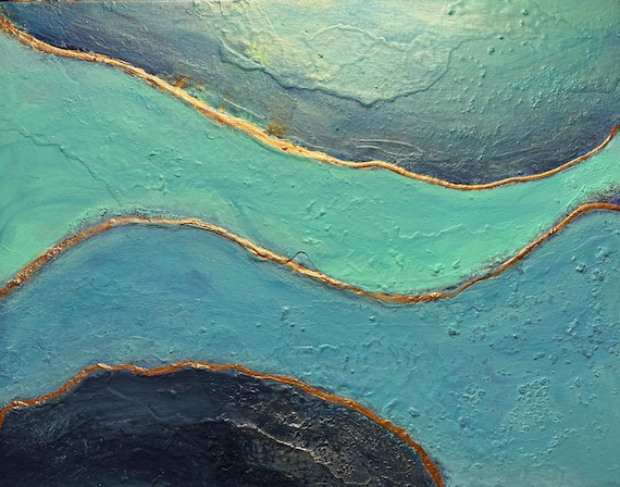 ターコイズとゴールドの抽象的な海景画：「ブルーの深み」 - Etsy 日本