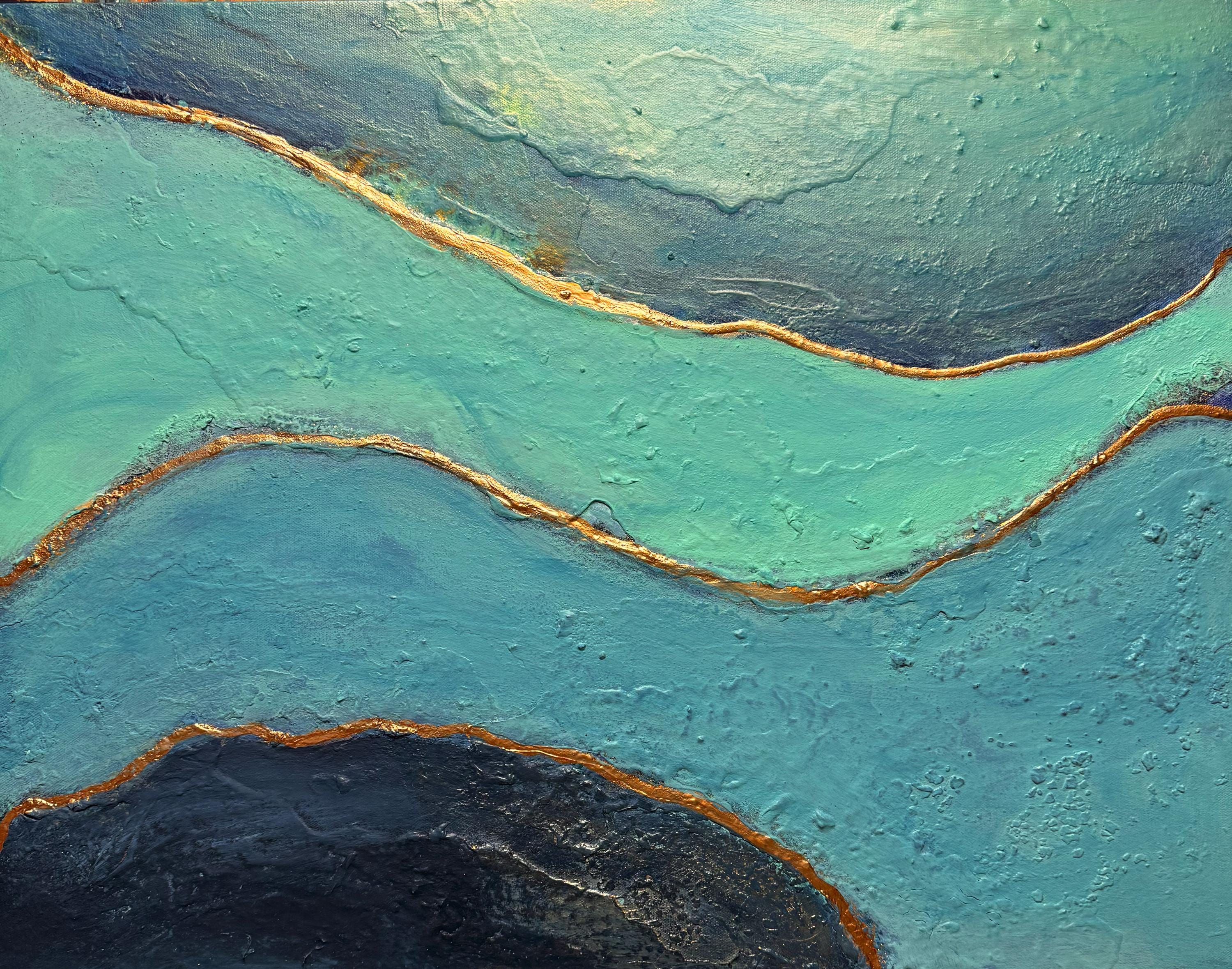 ターコイズとゴールドの抽象的な海景画：「ブルーの深み」 - Etsy 日本