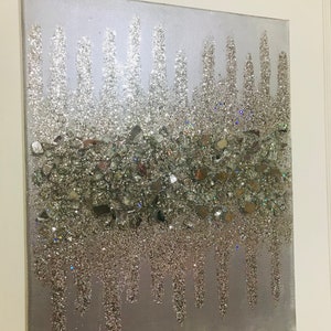 wall art glitter painting silver metallic painting silver art, glass art glam art neutral painting Z gallery inspired  art holographic