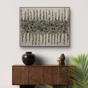 wall art glitter painting silver metallic painting silver art, glass art glam art neutral painting Z gallery inspired  art holographic