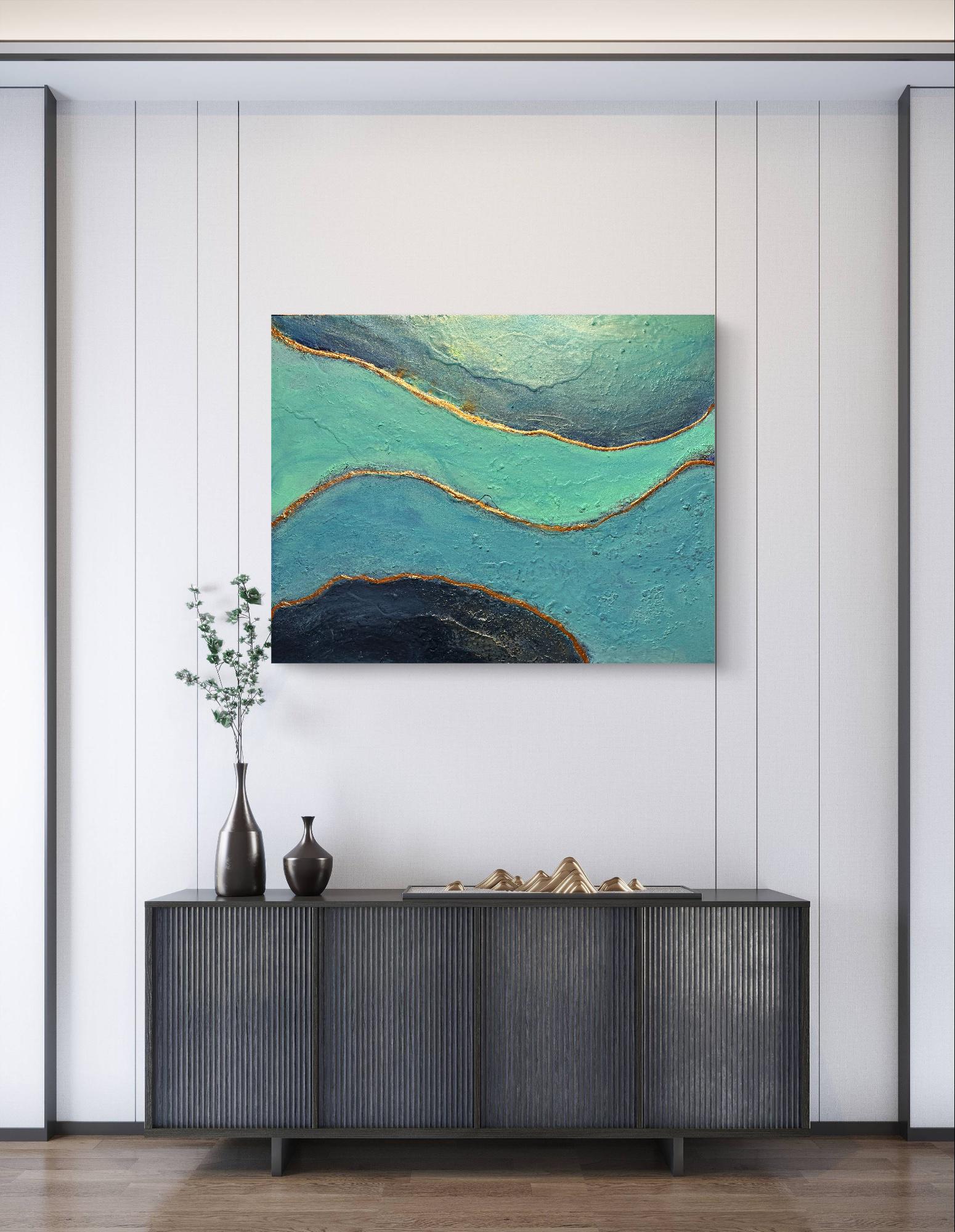 ターコイズとゴールドの抽象的な海景画：「ブルーの深み」 - Etsy 日本