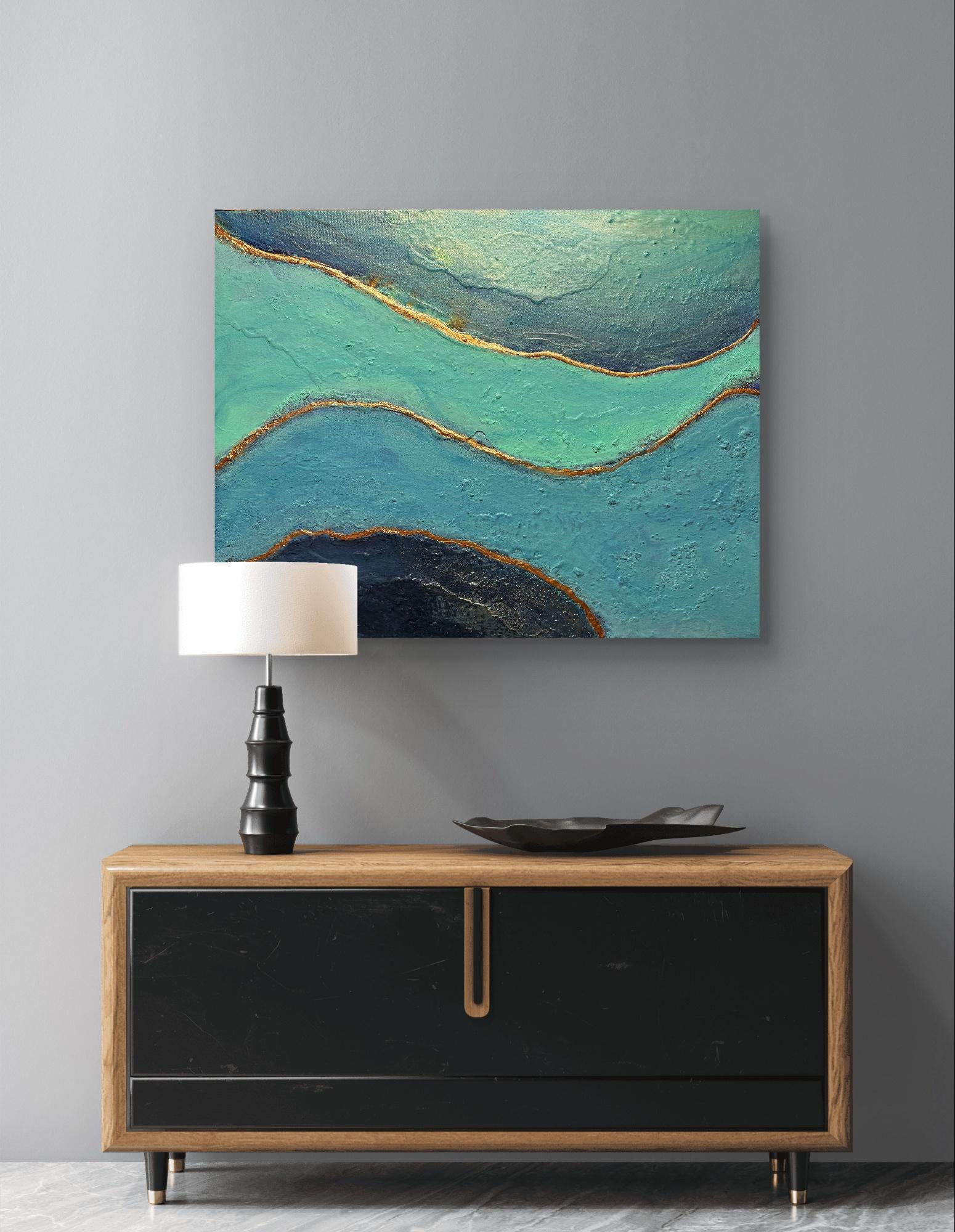 ターコイズとゴールドの抽象的な海景画：「ブルーの深み」 - Etsy 日本