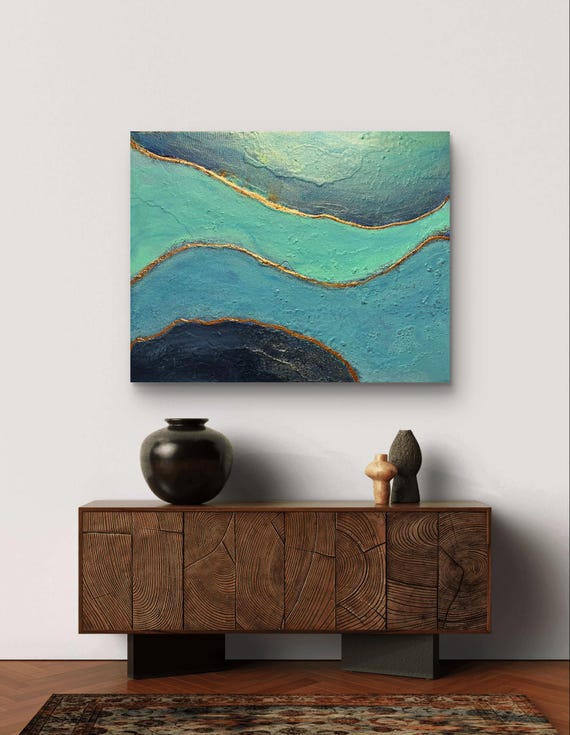 ターコイズとゴールドの抽象的な海景画：「ブルーの深み」 - Etsy 日本