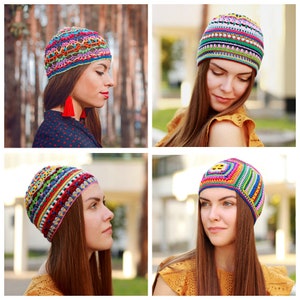 4 crochet beanie pattern set - Hippie crochet hat patterns - Colorful funky hat PDF - Summer cotton crochet hats - Written and graph pattern