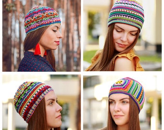 4 crochet beanie pattern set - Hippie crochet hat patterns - Colorful funky hat PDF - Summer cotton crochet hats - Written and graph pattern