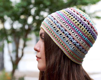 Summer crochet beanie pattern PDF - Unisex hat pattern - Fingering cotton yarn hat pattern - Written and graph beanie pattern - Memories hat