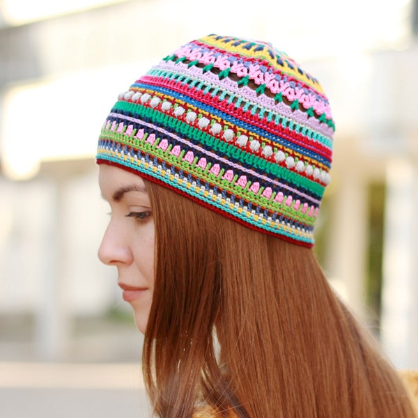 Modèle PDF de bonnet au crochet coloré - Bonnet au crochet unique - Modèle écrit graphique de bonnet chimio - Modèle de chapeau pour femme multicolore Splash