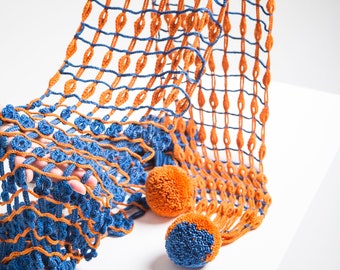 Openwork Crochet Scarf with Pom-Poms - Pure Merino Wool Extra Long Scarf - Crazy Crochet Blue & Orange Scarf with Flowers and Leaves