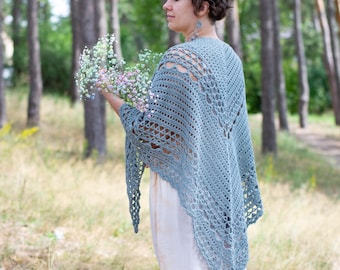 Lacy Crochet Shawl Pattern: Quiet Morning Airy Triangle Scarf Wrap in Light (DK) Weight Yarn with Eyelet Fillet Lace Design