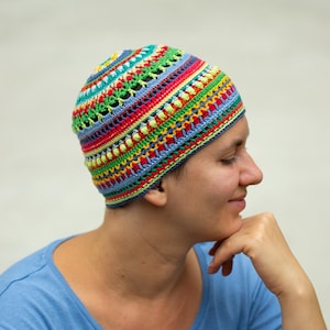 Pattern for Hat, DIY Eclectic Fitted Beanie for Her and Him, Crochet Chemo Cap Written Pattern and Graph Chart, Multicolor Crochet Beanie