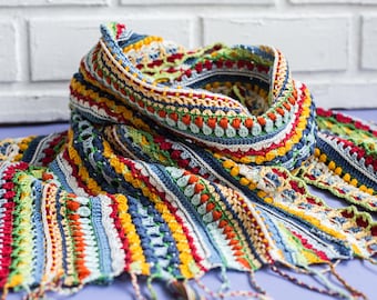Colorful crochet scarf pattern - Written pattern and video tutorial - Intermediate skills level - Blossom PDF scarf pattern by ItWasYarn