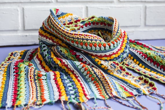 Crochet Scarf Pattern: Blossom Shawl in Fingering 4 Ply Yarn, PDF with Written Instructions and Video Tutorial – Perfect Scrap Yarn Project