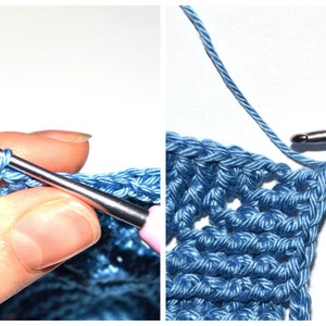 Close-up photo: instructions on how to join as you go two pentagon motifs in the crochet pattern of a women's hat.