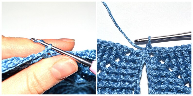 Close-up photo: instructions on how to join as you go two pentagon motifs in the crochet pattern of a women's hat.