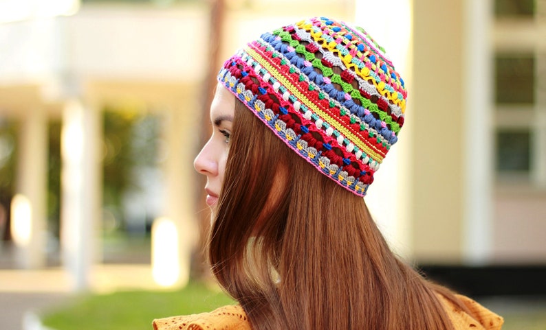 Hippie Crochet Hat Pattern PDF Crocheted Beanie Pattern For Men Women Graph Chart Written Hat Pattern Multicolor Crochet Hat Pattern image 1