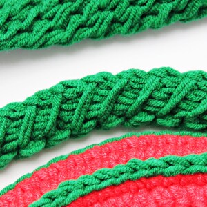 May include: Close-up of a green crocheted rope with a braided pattern. The rope is wrapped around a red crocheted circle.