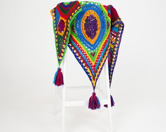 Handcrafted Crochet Patchwork Triangular Shawl - Unique Boho Style Wrap for Women - Colorful Warm  Shawl With Fringes - Wool Crochet Shawl