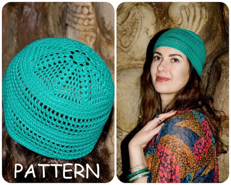 May include: A teal crochet hat with a lacy pattern. The hat is shown on a model with long brown hair and a colorful patterned shirt.