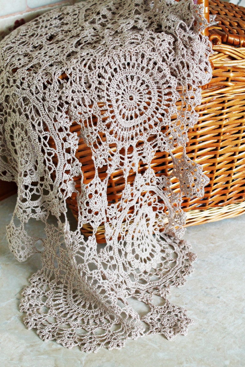 Close-up of lace crochet stitches in beige linen yarn, part of the Rozette Wrap pattern by Ukrainian designer Veselunka.