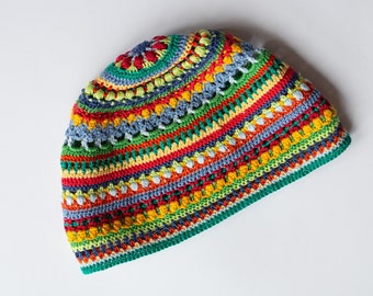 Colorful Cotton Beanie, unisex Stripes Hat, Funky Crochet Cap, Handmade Summer Scrappy Hat, Primary Colors Unique Hat Design by ItWasYarn Colorful Cotton Beanie, unisex Stripes Hat, Funky Crochet Cap, Handmade Summer Scrappy Hat, Primary Colors Unique Hat Design by ItWasYarn