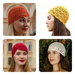 Może przedstawiać: Cztery kobiety w różnych czapkach na szydełku. Czapki są w kolorze pomarańczowym, żółtym, czerwonym i białym.