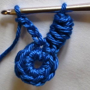 May include: A close-up of a blue crochet flower with a crochet hook and yarn attached.