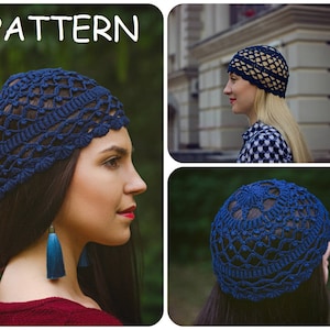 May include: A blue crocheted hat with a lacy pattern. The hat is shown on a model with long dark hair and blue tassel earrings.